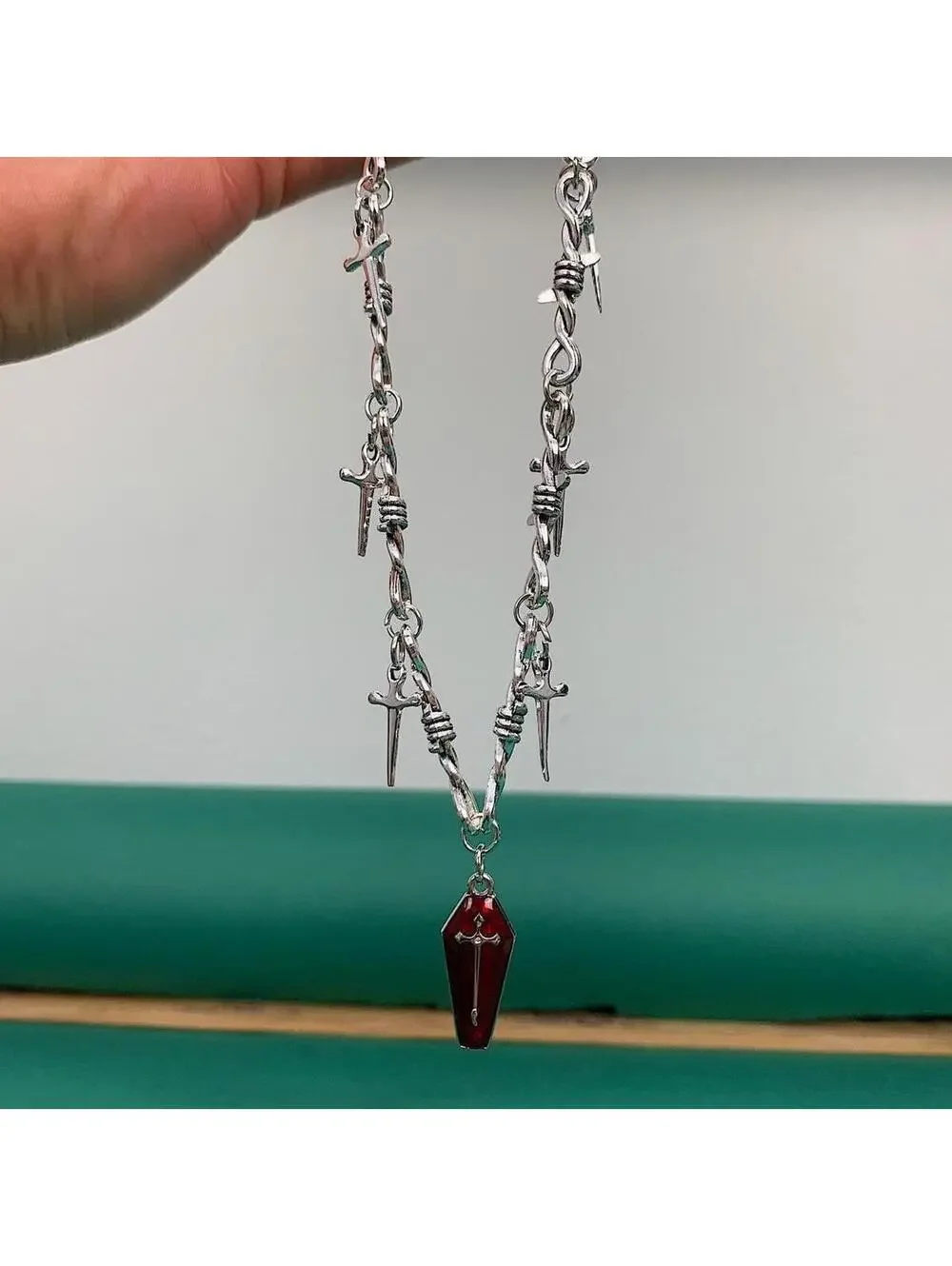 Y2k 2000s punk barbed wire knife cross red coffin pendant emo grunge style